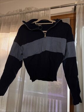 Navy and Light Blue Half-Zip Women's Sweater